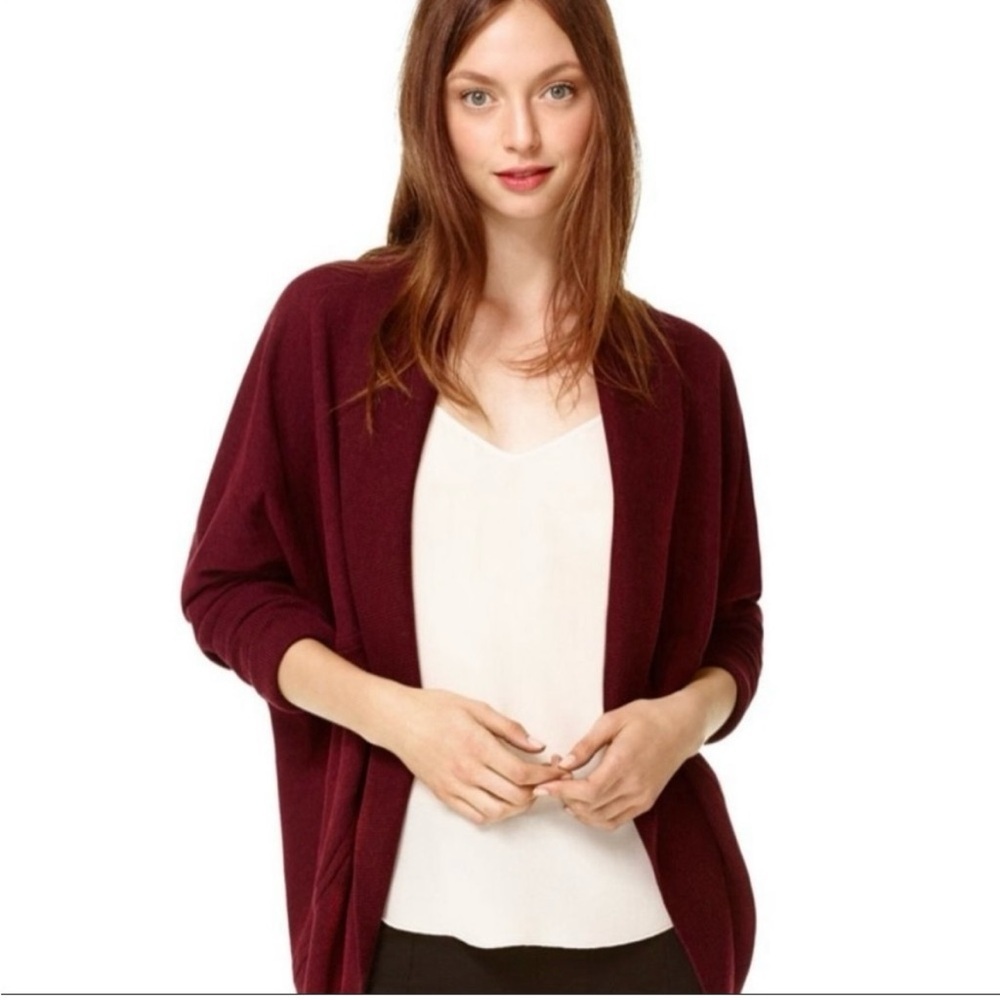 Wilfred Aritzia Deep Maroon Diderot Mid-Length Open Front Relaxed Cardigan